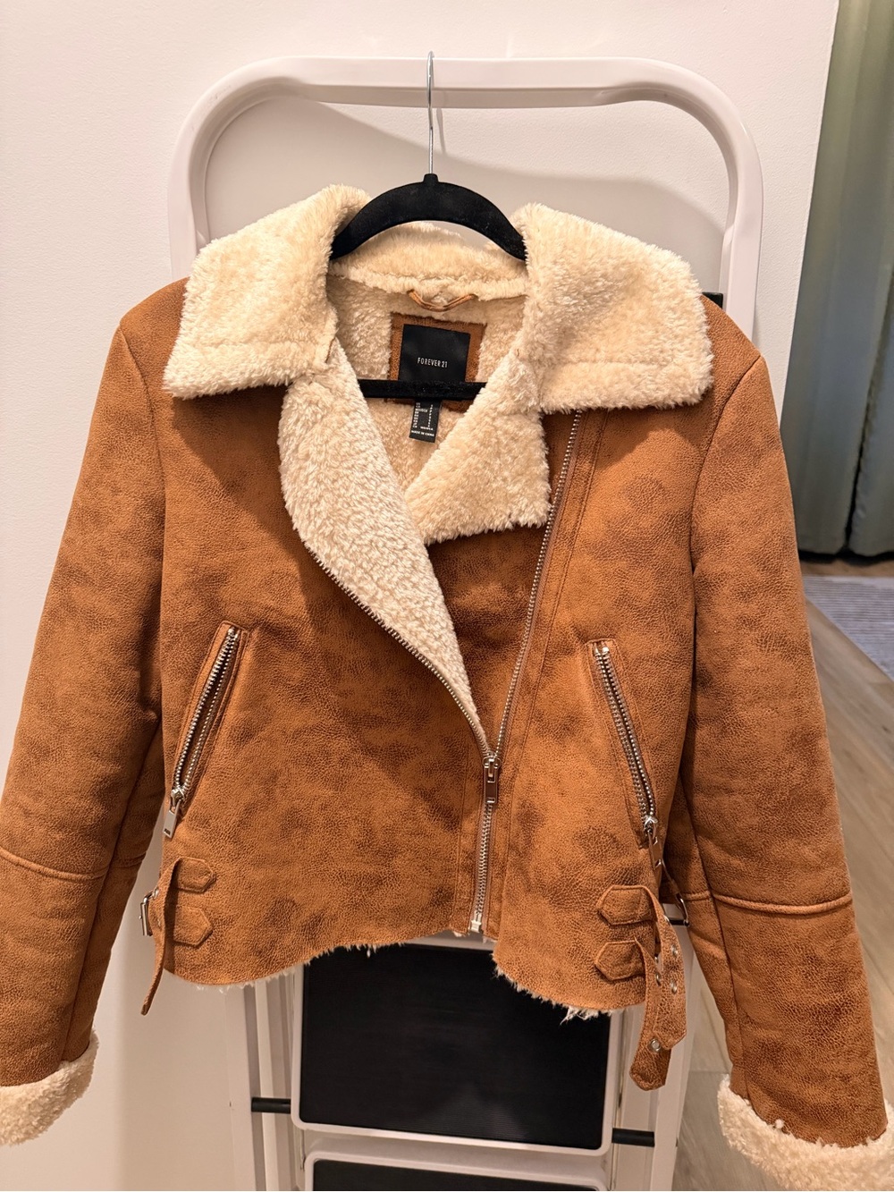Forever 21 Tan Faux Shearling Moto Jacket with Cream Collar